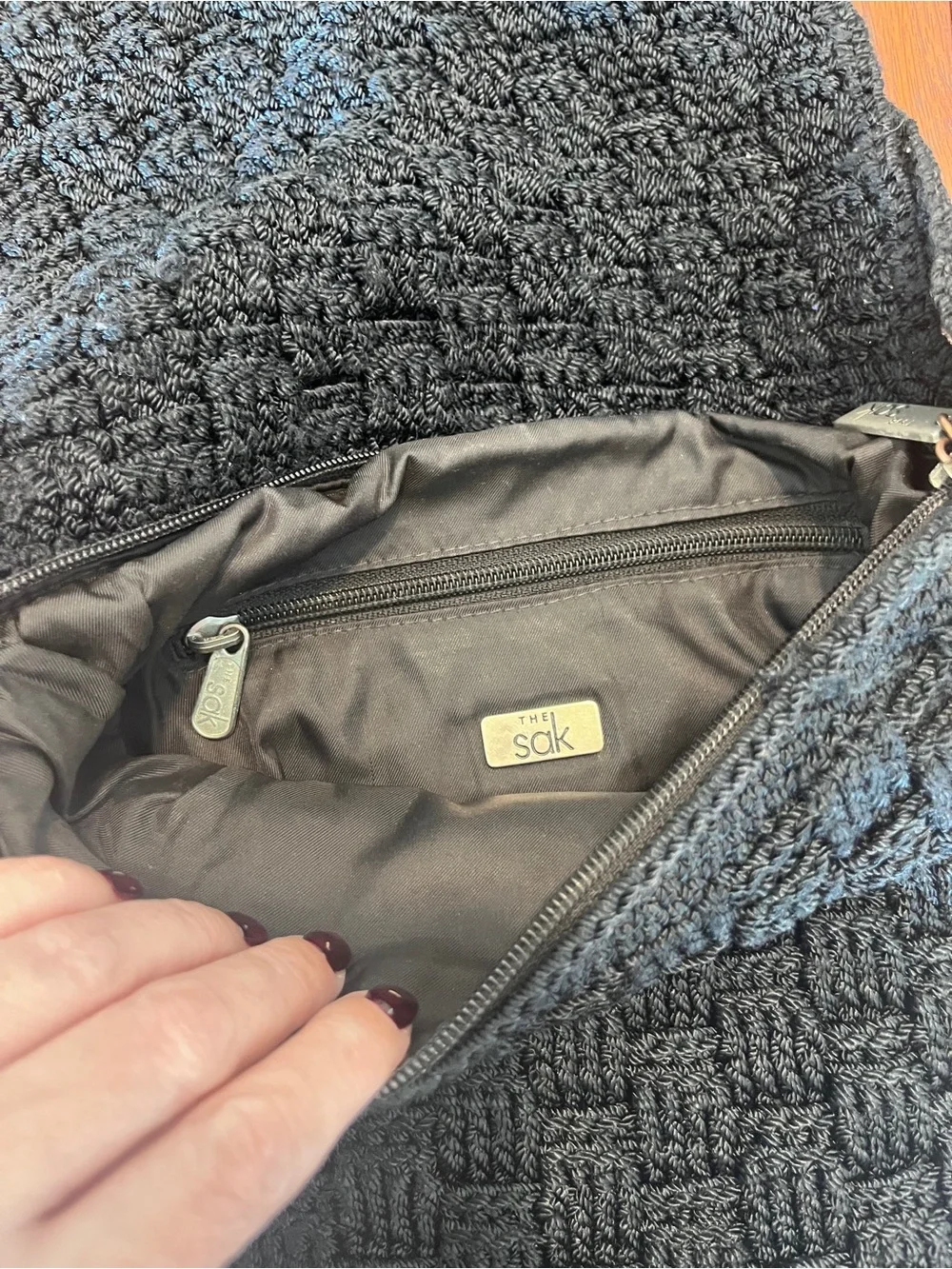 The Sak Black Crochet Woven Flap Shoulder Bag Boho Purse